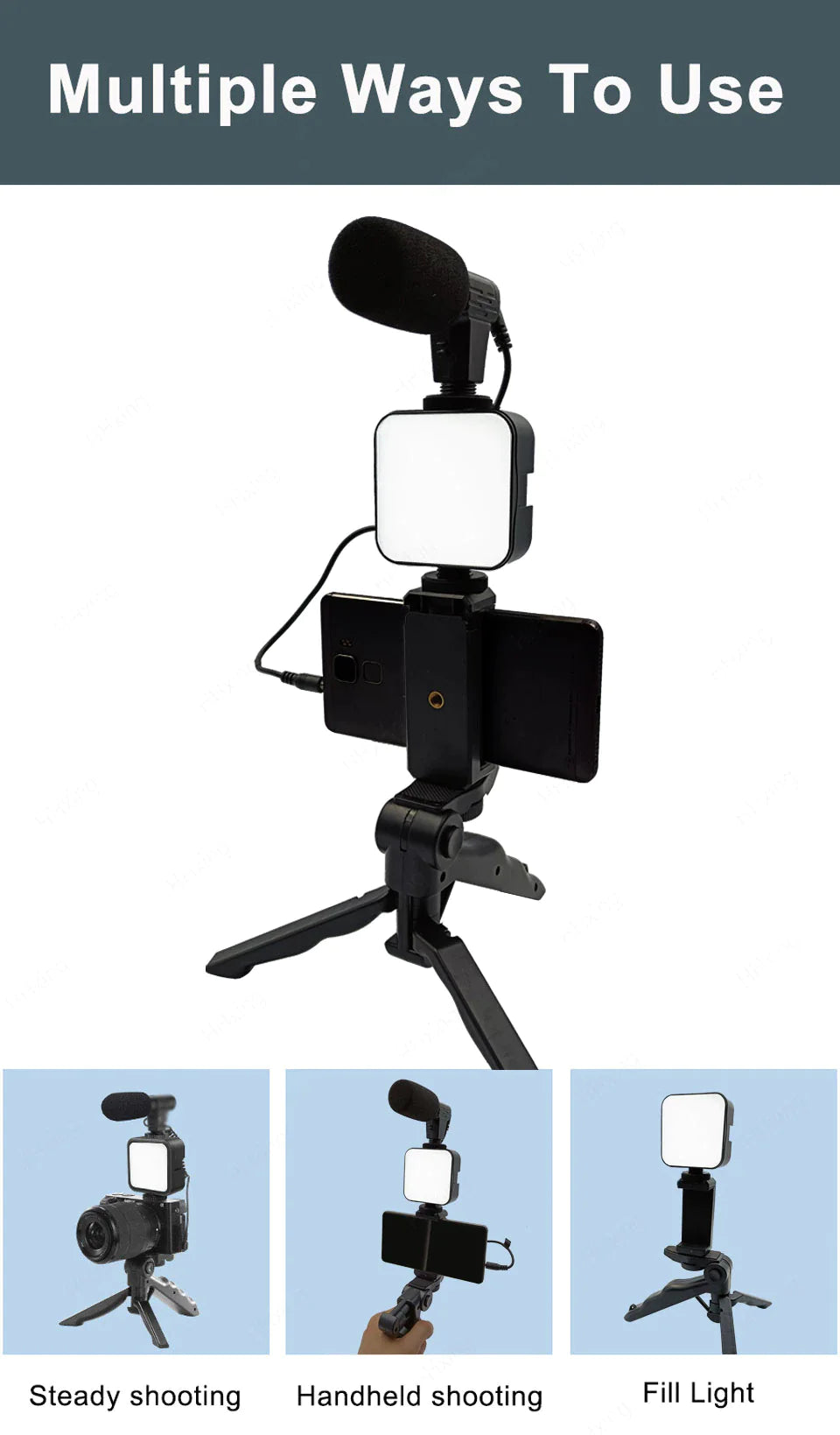 Professional video Microphone kit with Tripod Stand & LED Light - Gitelle