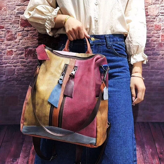 Multicolor Women Leather Zipper Backpack - Gitelle